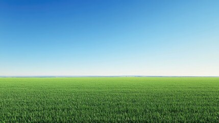 Obraz premium Vast green field under a clear blue sky, stretching into the distance with ample space for text or branding