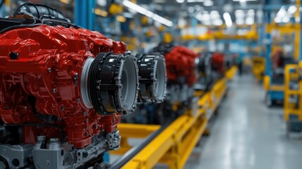 Close-up of red engine components in an automotive factory setting.