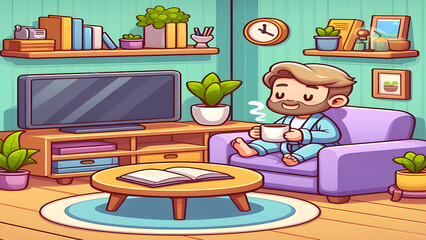 A man in pajamas relaxes on a purple armchair with a cup of coffee in his hands.  He is sitting in a living room with a tv, a book on a coffee table, and plants.