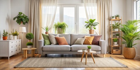 Cozy Living Room with Gray Sofa and Plants, Gray Sofa, Plants, Wooden Floor, Curtains ,living room decor, interior design, home decor