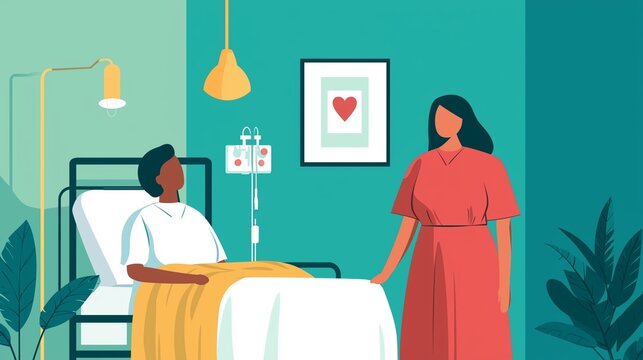 A caring moment between a visitor and a patient in a bright, cheerful hospital room, highlighting compassion and support.