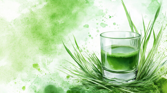 Green wheatgrass shot in a small glass, surrounded by fresh wheatgrass blades, with a vivid green watercolor background to emphasize detox and vitality, Generative AI