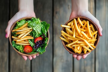 Healthy salad versus fries in hands, choice concept