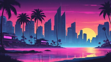 Synthwave style landscape with sea beach and silhouette modern metropolis in the background