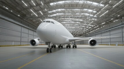 Large airplane on the tarmac in spacious hangar, industrial interior.