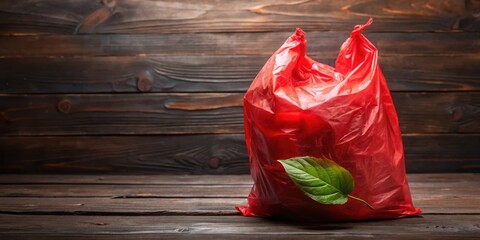 Vibrant red plastic bag with leaf peeking out, contrasting against wooden surface and dark background