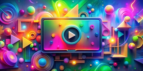 Obraz premium Play Button in a World of 3D Shapes and Glowing Colors, 3D Rendering, Abstract Art, Colorful, Playful, Geometric
