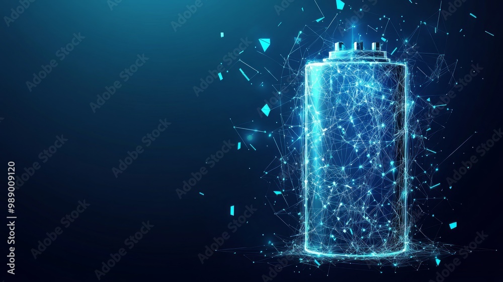 Poster polygonal battery. vector mesh spheres from flying debris. thin line concept. blue structure style i