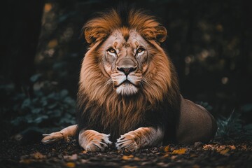 Obraz premium Majestic lion resting amidst autumn leaves