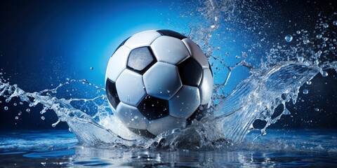 Naklejka premium Soccer Ball Splashing into Water, Blue Background, Water Splash, Soccer, Football, Sports, , , ,