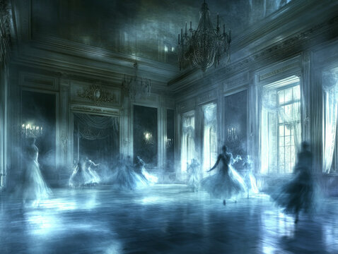 A haunting ballroom scene features ghostly dancers floating gracefully across floor, enveloped in an ethereal mist. atmosphere is both eerie and enchanting, evoking sense of mystery and nostalgia