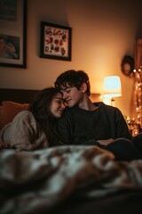Fototapeta premium Cozy Couple Enjoying an Intimate Moment in Warmly Lit Bedroom - Perfect for Romantic Design