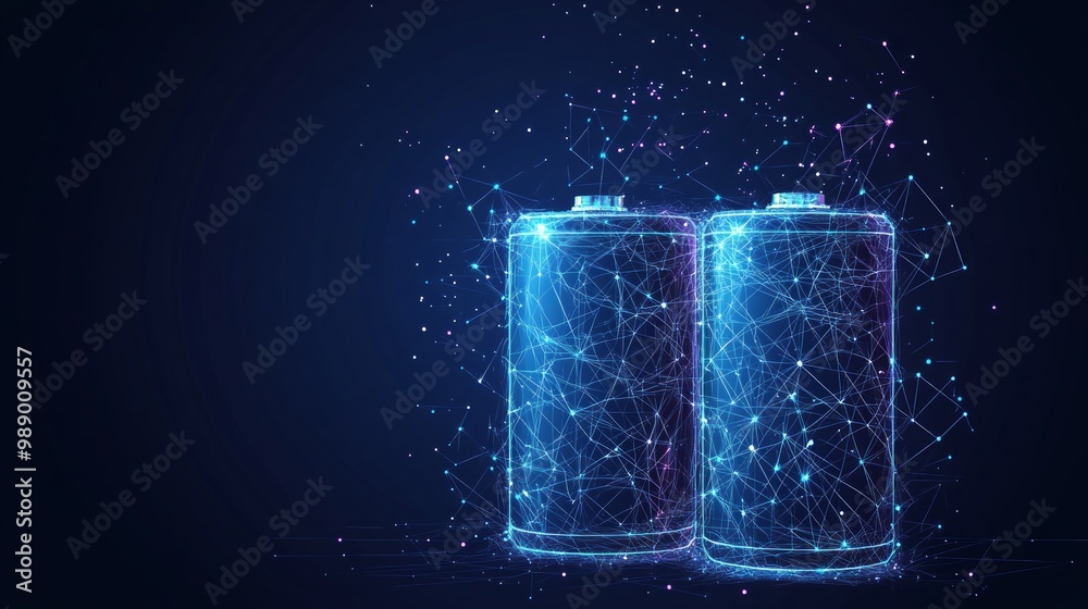 Poster polygonal battery. vector mesh spheres from flying debris. thin line concept. blue structure style i