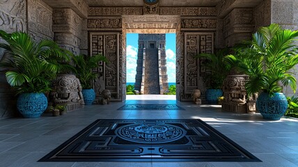 Fototapeta premium Ancient Temple Entrance with Lush Greenery and Sky
