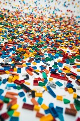 Obraz premium Hundreds of brightly colored plastic blocks scattered across a smooth white floor, creating a chaotic yet harmonious abstract pattern. 