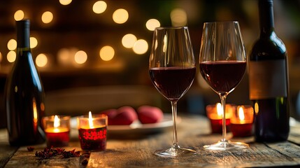 A romantic dinner setup with wine and candles, symbolizing love and celebration. No people, room for text
