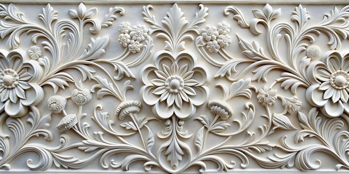 White Floral Ornate Wall Relief - Intricate Carved Design with Flowers and Leaves,  ornate, carving, relief, floral