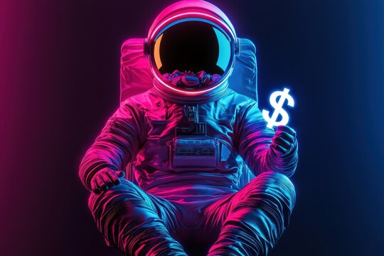 Neon Astronaut Holding Dollar Sign in Vivid Colors
