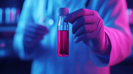 Scientist holding a test tube with colorful liquid in a laboratory setting.