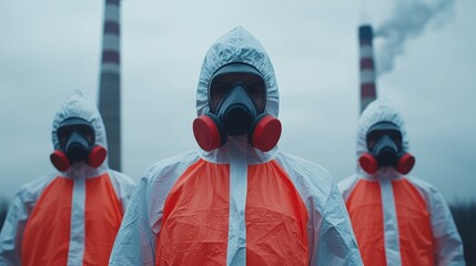 Three individuals in protective suits stand before industrial smokestacks.
