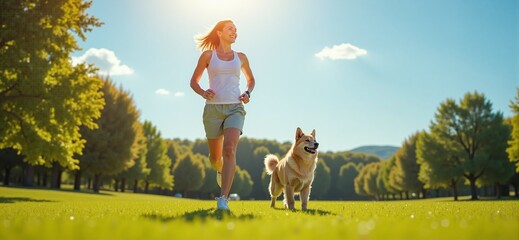 A girl running happily in the wilderness with a dog. Ai Intelligence Generation.