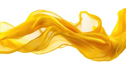 Bright yellow fabric twisting in the air, flowing freely against a pure white backdrop.