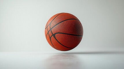 Fototapeta premium dynamic composition of basketball suspended midair against pure white background textured surface and subtle shadows highlight spherical form