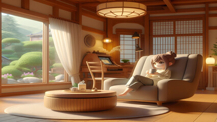A cartoon girl relaxes in a cozy armchair in a Japanese-style home.