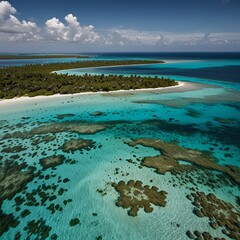 Drone capturing the serene beauty of a coral lagoon, where turquoise waters lap gently against the sandy shores of a remote island, surrounded by lush vegetation and reefs