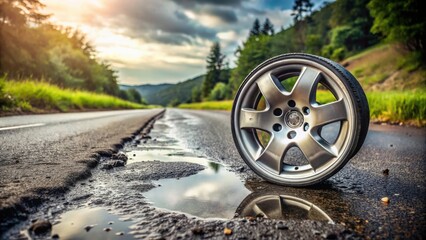 Obraz premium A damaged rim on a wet road, in need of repair
