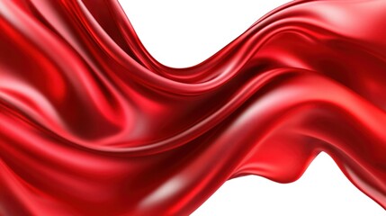 Luxurious satin fabric in bold red, blowing smoothly, creating elegant curves on white.