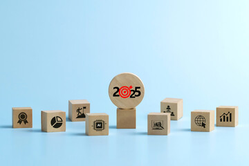 Happy New Year 2025.Business Planning Strategies 2025.wooden cubes 2025 targets and business icons,...