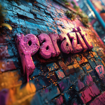  Colorful 3D street art graffiti spelling 'parazit' on vibrant urban brick wall with perspective