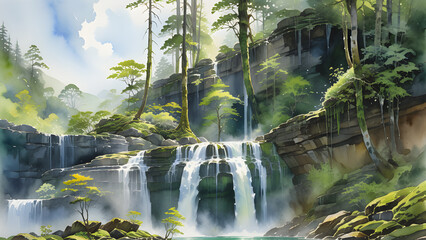 A stunning watercolor painting of a cascading waterfall in a lush forest.