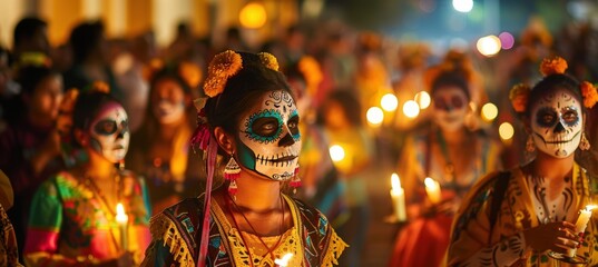 Day of the Dead Procession with Skeleton Face Paint and Traditional Clothing in Vibrant Night Parade