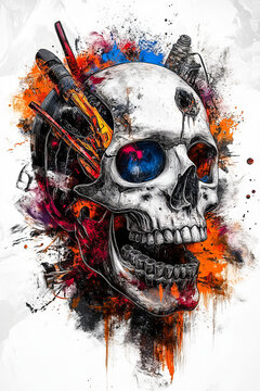 Graphic Skull with Exploding Colors.  Generated image.  A digital illustration of a creepy skull with exploding colors of blues and purples.