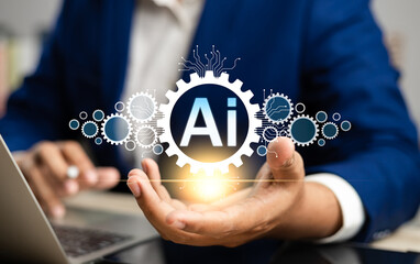 Businessman hold artificial intelligence AI technology for enhanced work efficiency data analysis...
