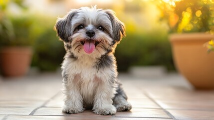 Adorable small dog with fluffy fur sitting on a patio with plants in the background, bathed in warm sunset light.