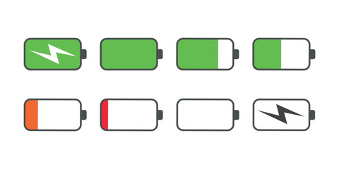 Battery icon set. Battery charge indicator icon, phone charge level, colorful collection of charge power. Discharged and fully charged battery. Battery charge from high to low.
