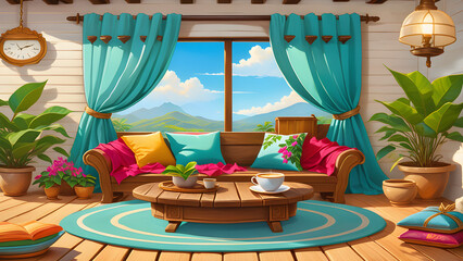 Relaxing living room with a view of mountains and a cup of coffee on the table.