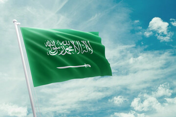 Translate: Saudi Arabia national flag fluttering. The flag blowing in beautiful soft sky. Saudi Arabian national flag for independence day. 3d illustration