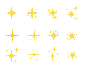 Sparkling star icons set. Set of yellow sparkle star icons. Rating star. Bright vector stars. Flash, shine sparkle icon, glare, light, blink star. Modern simple golden stars collection. 