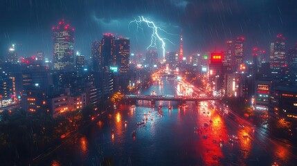 electrifying cityscape at night multiple lightning bolts striking skyscrapers rainsoaked streets reflecting neon lights moody atmosphere long exposure effect