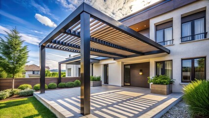 A modern pergola providing shade at the terrace entrance of a newly constructed residential building