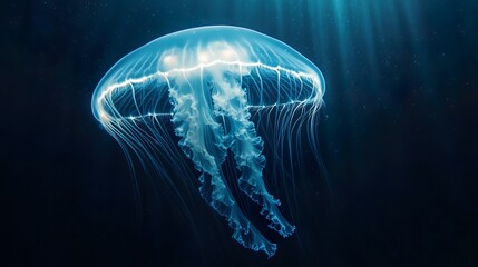 Dark ocean depths alive with glowing pulsing jellyfish surreal seascape picture