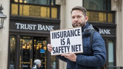 A photo of a man holding a sign that says "Insurance is a safety net". The background contains a building with the text "Trust Bank".