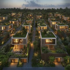 A stunning aerial view of modern eco-friendly homes surrounded by lush greenery, illuminated at dusk.