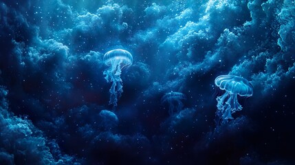 Fototapeta premium Dark ocean lit by glowing jellyfish in surreal seascape design picture