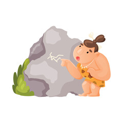 A caveman painting rock art, a female Neanderthal in hide clothing painting on a rock. Vector character in cartoon style on white background