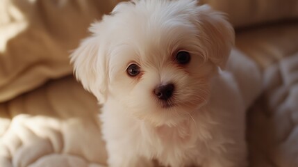 Adorable white puppy with soft fur sitting on a cozy blanket, looking up with big, brown eyes in a warm, well-lit room.